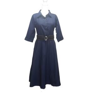 Bimba Navy Chambray Midi Dress 3/4 Sleeve Fit & Flare Size 12